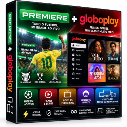 Premiere + Globoplay - Futebol ao Vivo, Filmes, Séries e Novelas - Envio Imediato